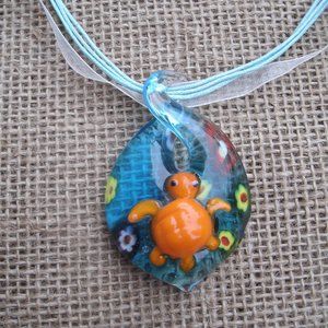 Handcrafted Orange Turtle Glass Pendant Necklace - Blue Accent